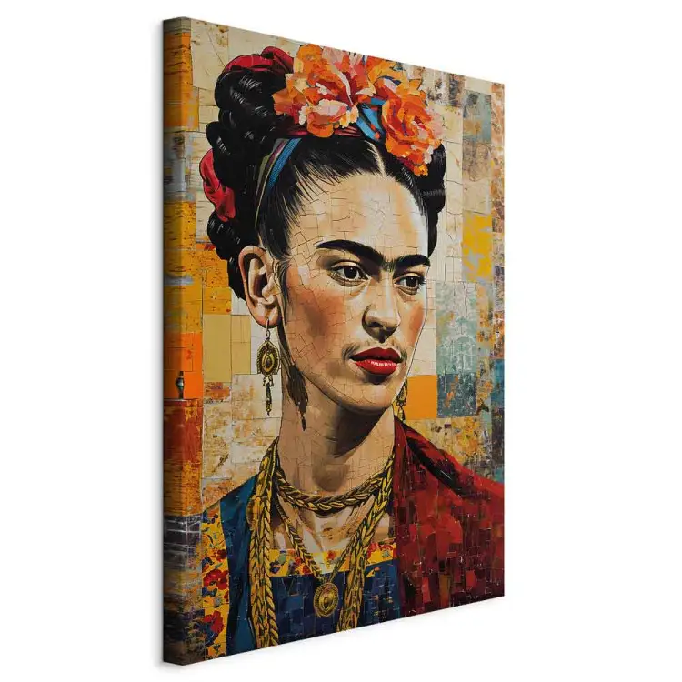 Frida Kahlo - porträtt mot en mosaikbakgrund inspirerad av Klimts stil