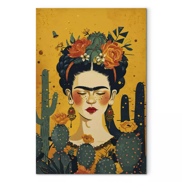 Frida med kaktusar - porträtt av målaren på orange bakgrund