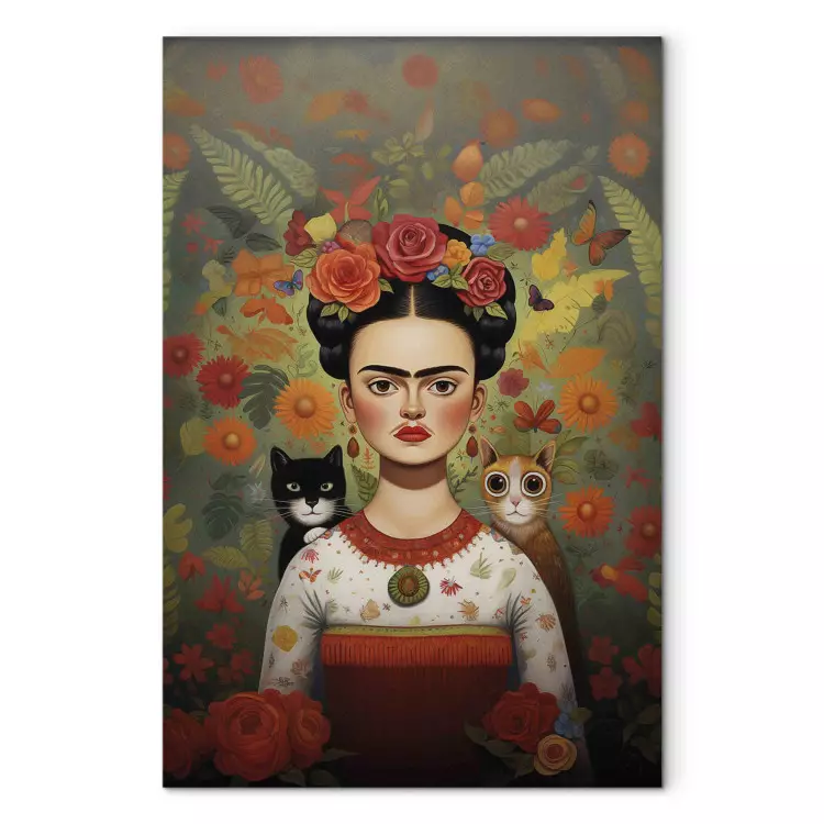 Cartoon Frida - ett färgglatt porträtt av konstnären med två katter