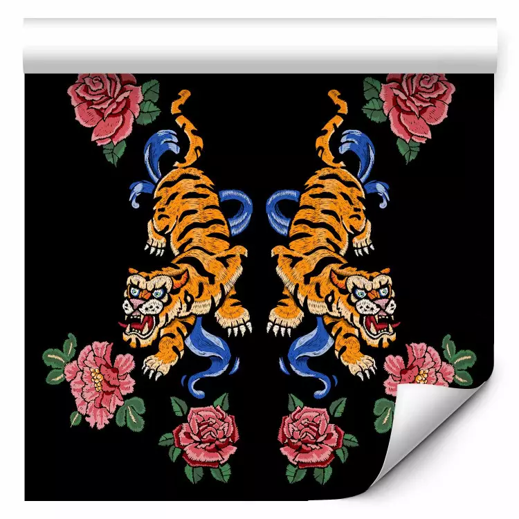 Oriental Pattern - Zigzag Tigers and Red Roses on a Dark Background