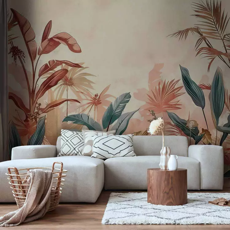 Tropiska blad - komposition med växter på en bakgrund i terrakottafärg