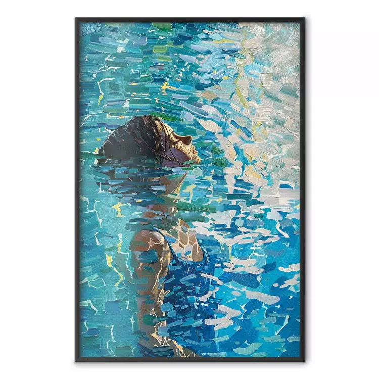 Blå meditation - kvinna i vattnet omgiven av lysande reflektioner