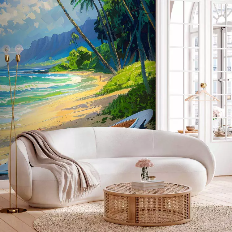 Tropisk strand - havsvågor, palmer och en ensam surfbräda