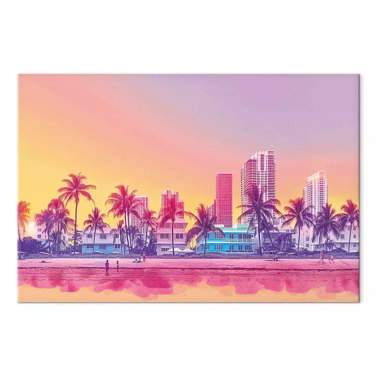 Neonstrand - färgglada byggnader och palmer i solnedgången