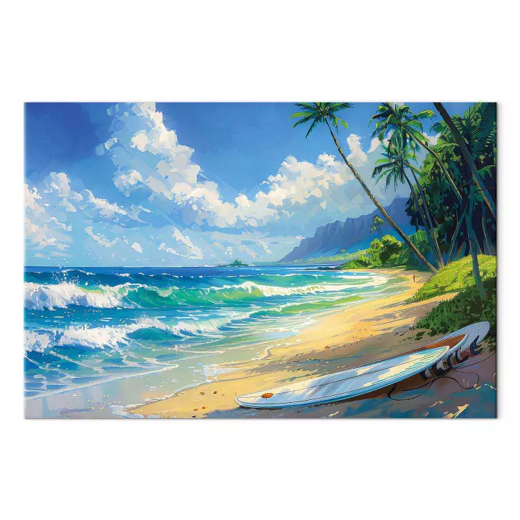Ensam planka - strand med havsvågor och palmer i bakgrunden