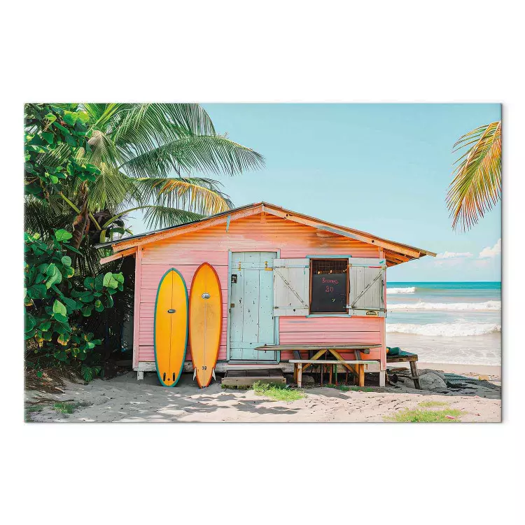 Surfing hut - färgglatt plankhus på en tropisk strand