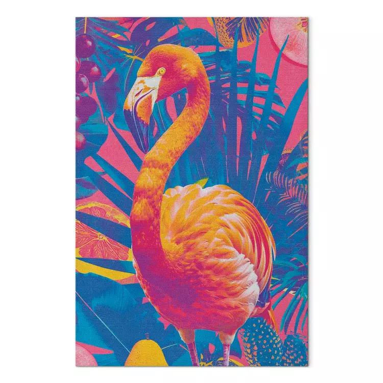 Färgglad flamingo - en exotisk fågel bland tropiska blad och saftiga frukter