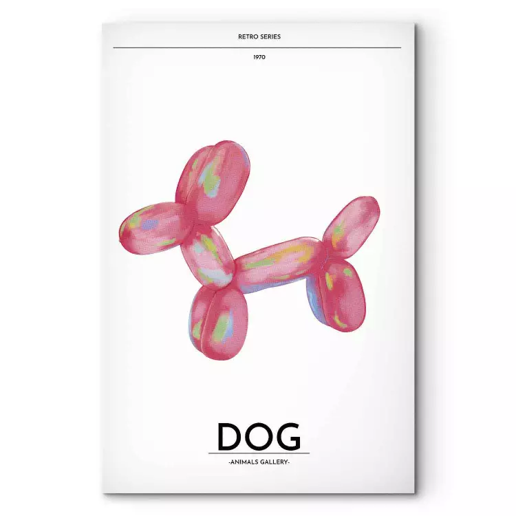 Balloon dog - flerfärgat djur i form av en hund på en ljus bakgrund med retrobokstäver