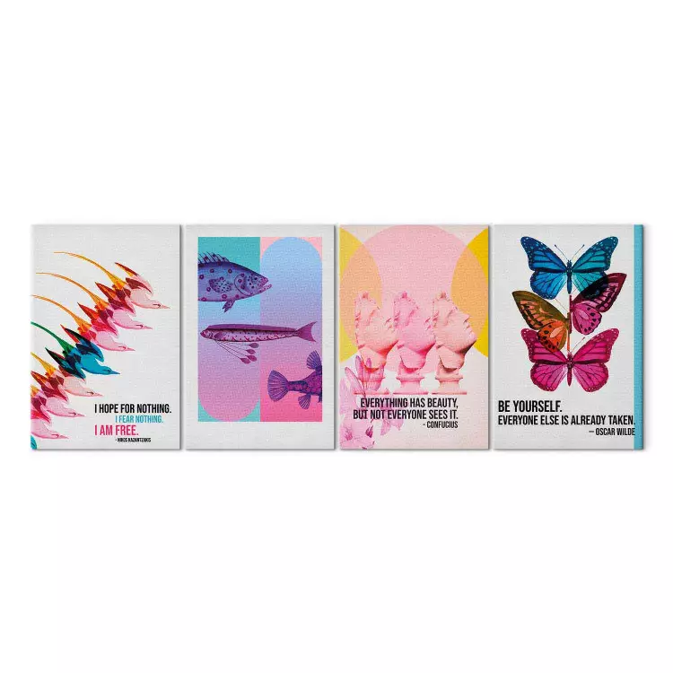 Abstrakta inspirationer - färgglada fåglar, fiskar, byster och fjärilar med citat om frihet och skönhet
