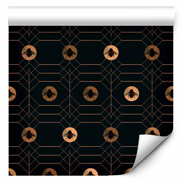 Mörka hexagoner - gyldna bin på svart bakgrund med geometriskt mönster