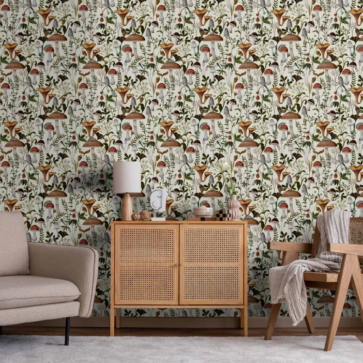 Höstskog - illustration av svampar och växter i naturalistisk stil