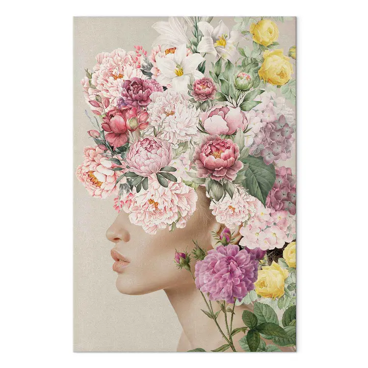 I blomsterkrona - subtil kvinnoprofil omgiven av rosor och liljor