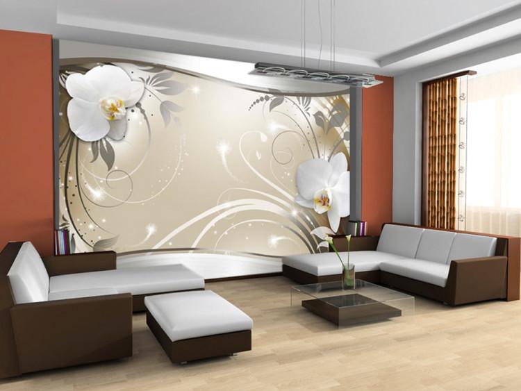 Fototapet Beige abstraktion - orkidéblommor på beige bakgrund med silverdetaljer