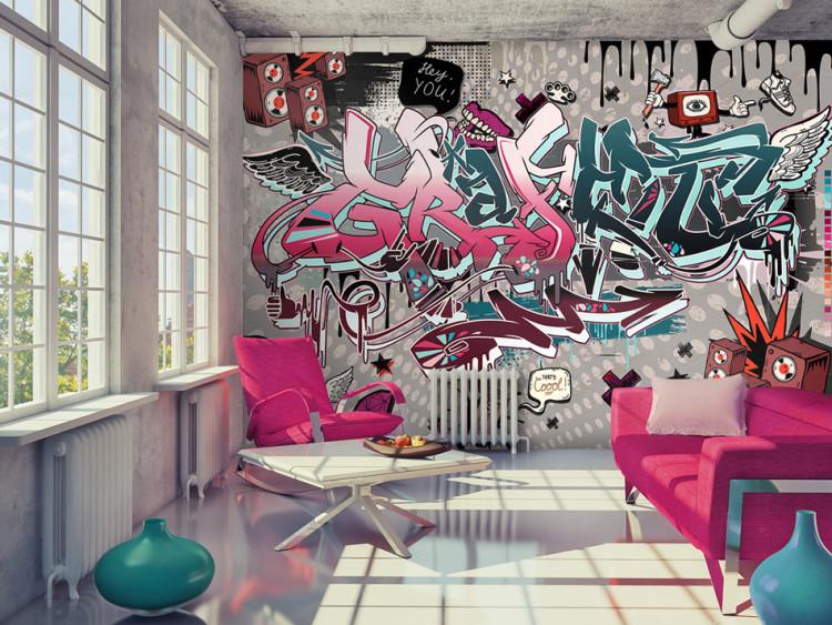 Fototapet Hej du! - mural med texter och teckningar i nyanser av rosa och turkos