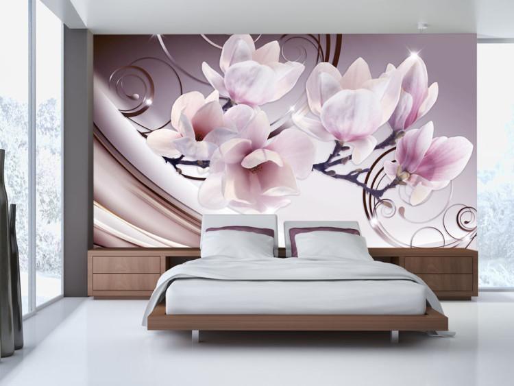 Fototapet Delikat abstraktion - magnolior mot en rosa bakgrund med mönster