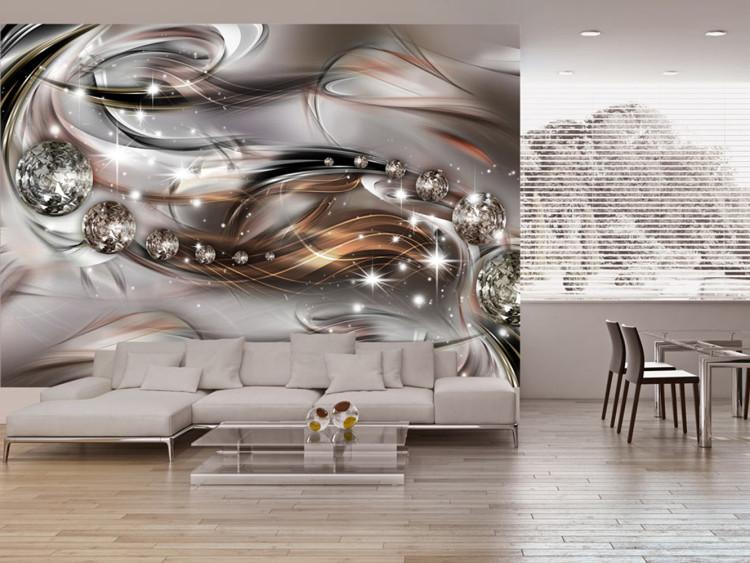 Fototapet Stjärnstoft - abstrakta rostiga vågor med glans på silverbakgrund