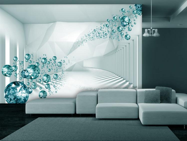 Fototapet Korridor - vit geometrisk abstraktion i 3D med blåa diamanter