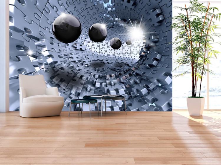 Fototapet Abstrakt pussel - tunnel av silverpussel med klotillusion i 3D