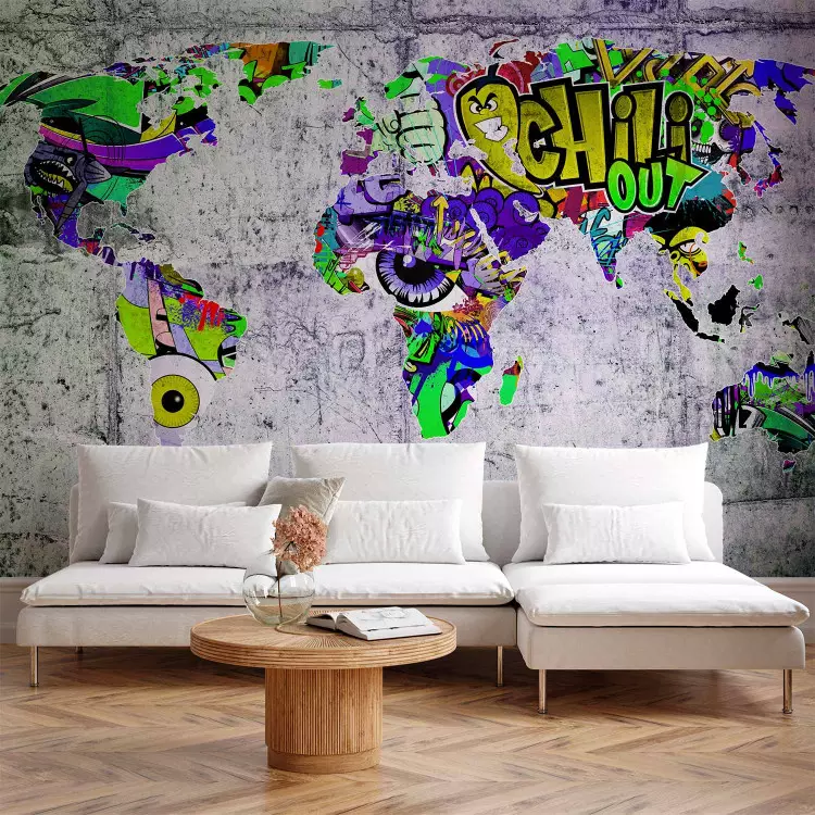 Graffiti-världen - färgglad världskarta på betongbakgrund för tonåringar