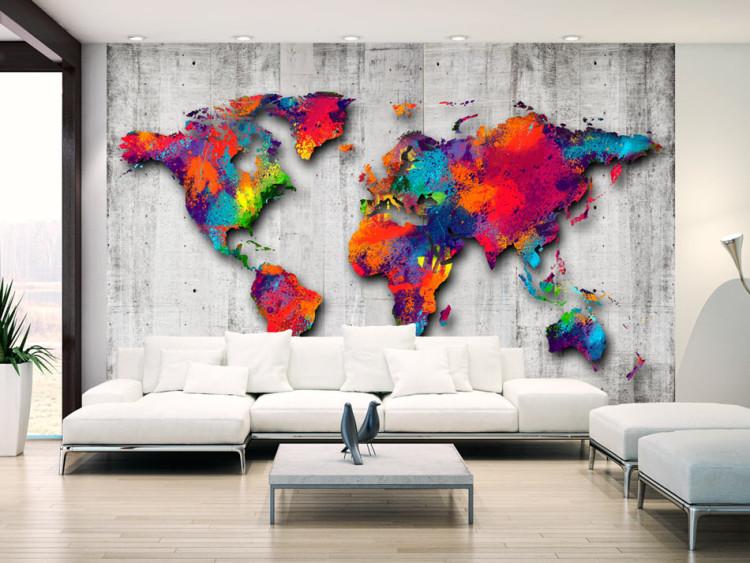 Fototapet Färgglad värld - världskarta i akvarellstil på trendig betongbakgrund