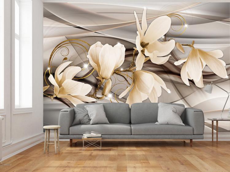 Fototapet Delikata magnolior - blommor på subtilt mönstrad bakgrund med glans