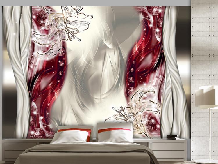 Fototapet Glänsande abstraktion - grafiska liljor bland vitt och rött