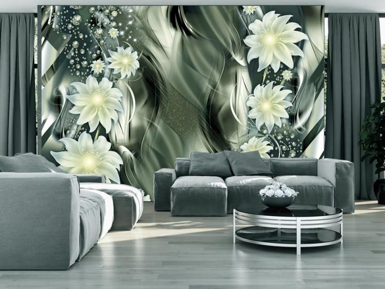 Fototapet Vita blommor på abstrakt bakgrund - mönster med grå och silverfärgade vågor