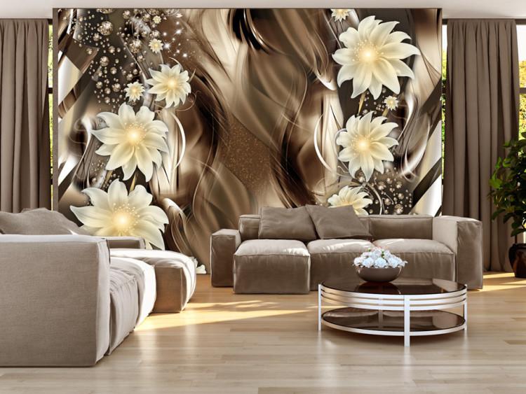 Fototapet Vita lysande blommor med mönster - brun abstraktion med vågor