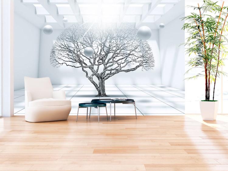 Fototapet Geometriskt landskap - kargt träd i vitt utrymme med glans