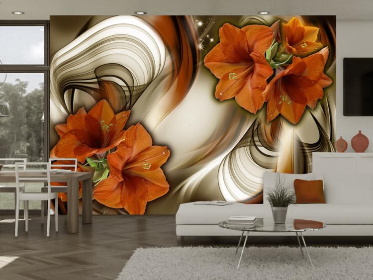 Fototapet Orange amaryllis - blommor på en sval bakgrund med vågiga mönster