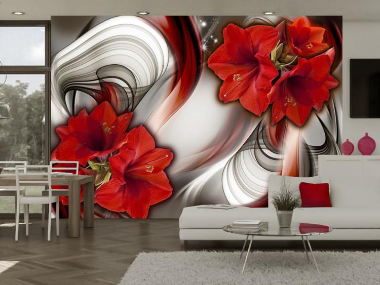 Fototapet Röda amaryllis - blommor på abstrakt bakgrund med vågiga mönster