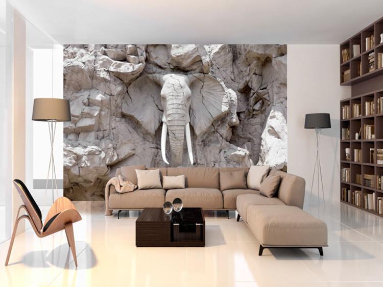 Fototapet Time Bridge (Sydafrika) - Afrikanskt landskap med en elefantskulptur i sten på en sandstens- och vit bakgrund