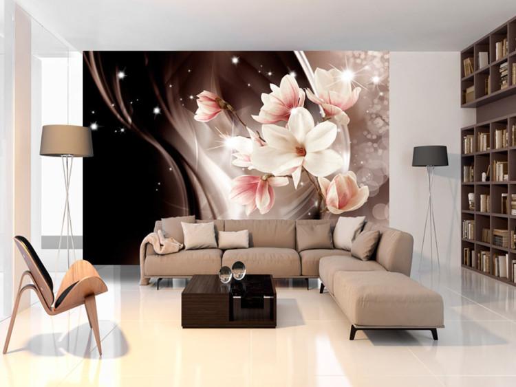 Fototapet Magiska magnolior - abstraktion med blommor på glamorös bakgrund med vågor