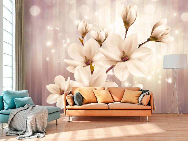 Fototapet Vita magnolior - blommor på bakgrund med ljus och lila ränder