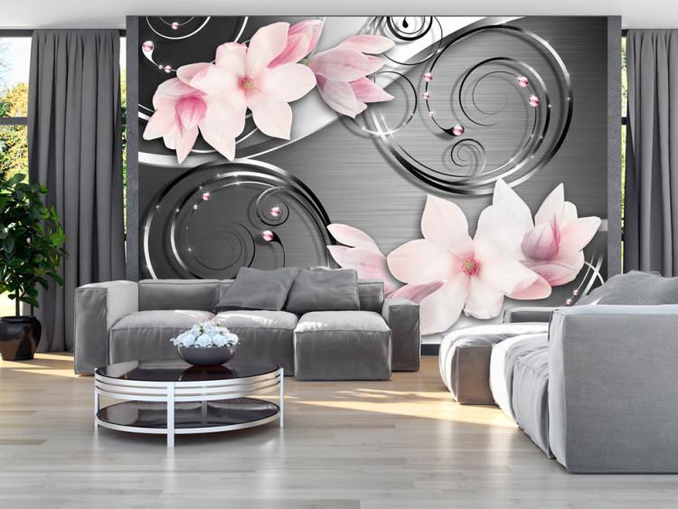 Fototapet Blommigt motiv - rosa magnoliablommor på bakgrund med metallisk effekt