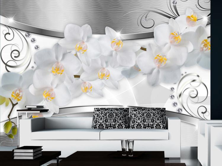 Fototapet Blommor - vita orkidéer på fantasifullt bakgrund med metallisk glans