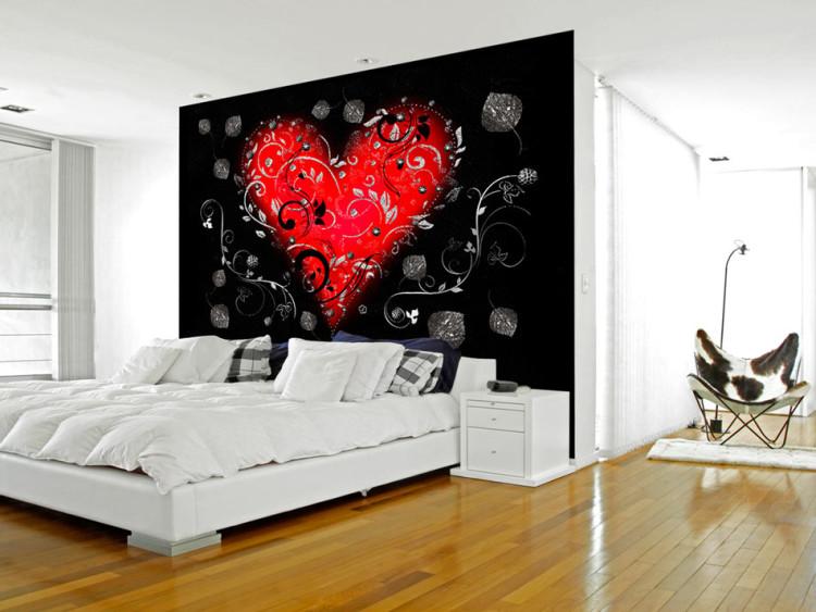 Fototapet Abstraktion med hjärta - rött hjärta med ornament på svart bakgrund