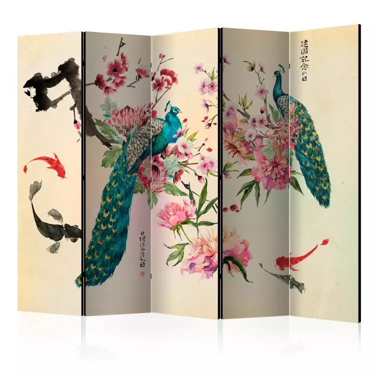 Påfågelskärlek II - färgglada påfåglar bland blommor i orientalisk stil