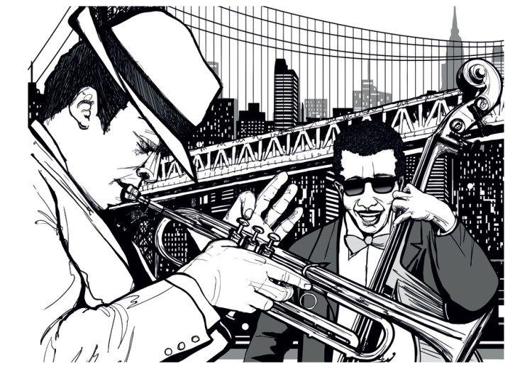 Fototapet Musikens värld - män som spelar musik med en bro i New York i bakgrunden 61110 additionalImage 1