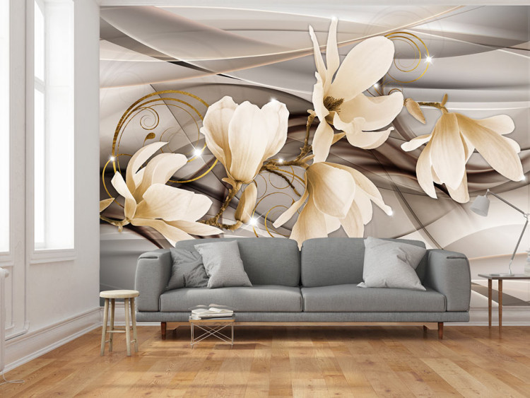 Fototapet Delikata magnolior - blommor på subtilt mönstrad bakgrund med glans 64110