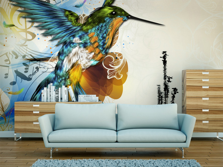 Fototapet Färgglad kolibri - fantasibild med noter på beige bakgrund med mönster 61320