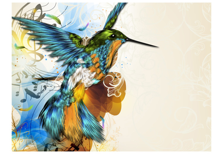 Fototapet Färgglad kolibri - fantasibild med noter på beige bakgrund med mönster 61320 additionalImage 1