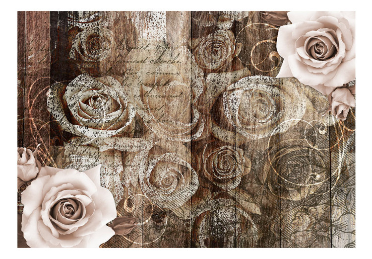 Fototapet Gammalt trä och blommor - bleka rosor i retrostil på träplankor med text 63920 additionalImage 1