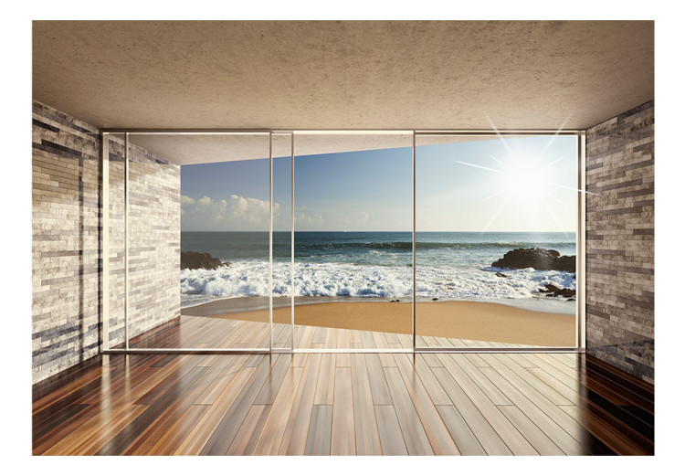 Fototapet Fönster med utsikt - sandstrand med klippor och sol på himlen 64120 additionalImage 1