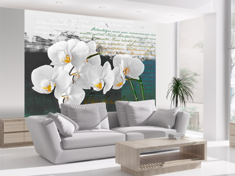 Fototapet Orkidé - inspirerande poetiskt motiv med vita blommor och texter 60630