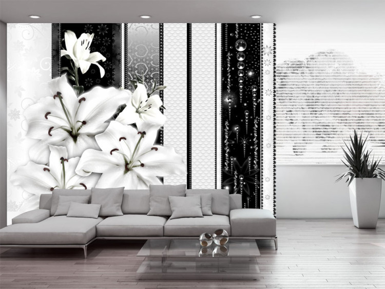 Fototapet Liljor - svartvitt mönster med dekorationer och blommor i vintagestil 64340