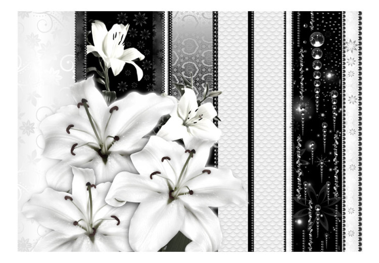 Fototapet Liljor - svartvitt mönster med dekorationer och blommor i vintagestil 64340 additionalImage 1