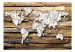 Fototapet Tidens gång - världskarta med klockmotiv på brunträbakgrund 63860 additionalThumb 1