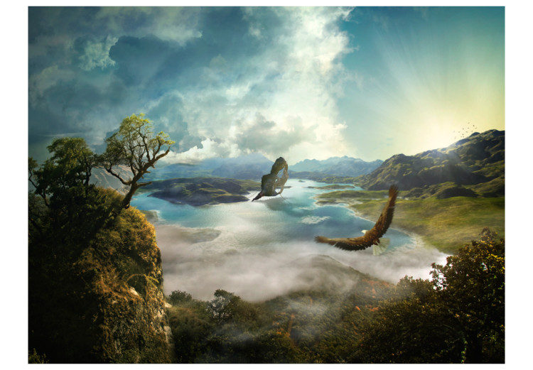 Fototapet Fantasi - gröna berg med fåglar som flyger över en blå sjö 60170 additionalImage 1