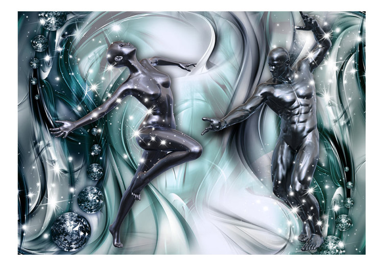 Fototapet Förstenat danspar - silverfärgade figurer på en bakgrund med blå mönster 64380 additionalImage 1